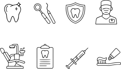 Dental icons featuring teeth, tools, dentist, care.
