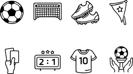 Soccer icons with ball, goal, score, trophy.
