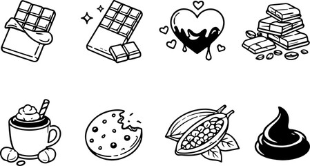 Outline icons of chocolate, cocoa and sweets.
