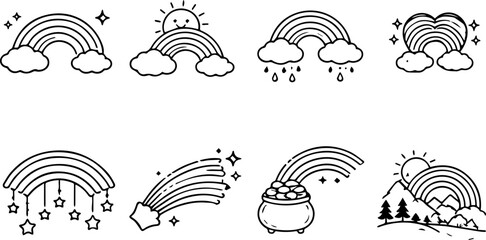 Cute rainbow and weather icons in outline.
