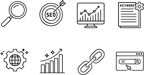 SEO and digital marketing icons in outline.
