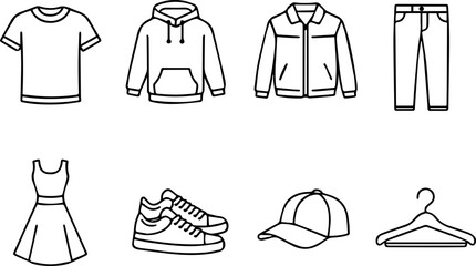 Outlined icons of various clothing and accessories.
