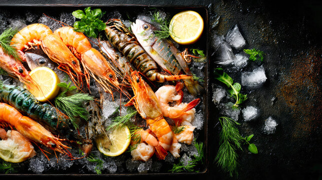 Fresh seafood including shrimp and crayfish is arranged on ice with lemon slices and herbs. The setup is ideal for food styling and culinary presentations