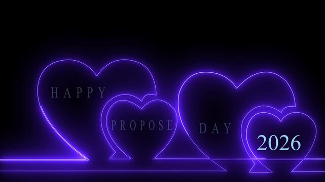 8th February Happy Propose Day 2026 neon sign animation with glowing heart icons on dark background for romantic love proposal celebration