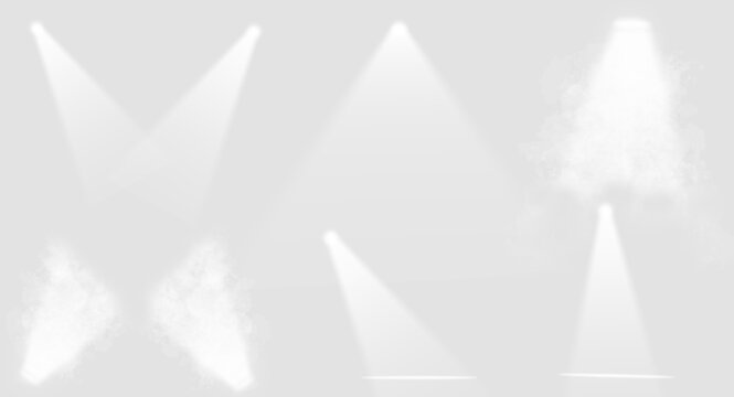bright lighting spotlights set, light sources isolated on transparent background. Art design beam for concert, scene illumination. Abstract concept