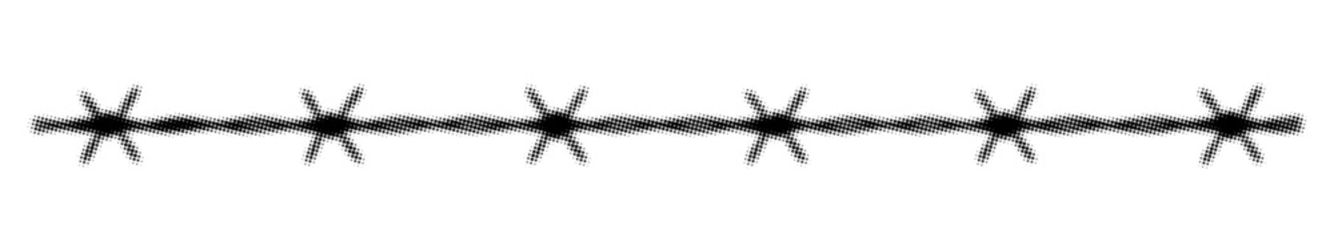 Horizontal barbed wire line in halftone style. Vector illustration of a fence barrier with dot texture on white background.