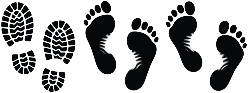 Footprints shoe prints barefoot prints walking steps icons, featuring boot prints and sole prints for direction, trail, and signage design use.