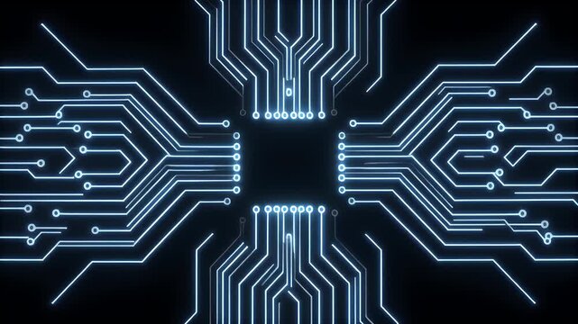 A digital rendering depicting an illuminated electronic circuit board. The circuits glow bright blue, arranged symmetrically on a black backdrop
