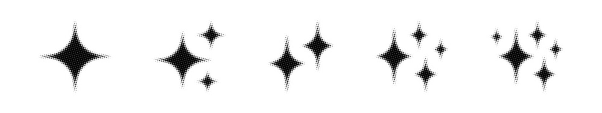 Set of five halftone star sparkles. Retro vector illustration of twinkling star shapes with black dot textures on white background.
