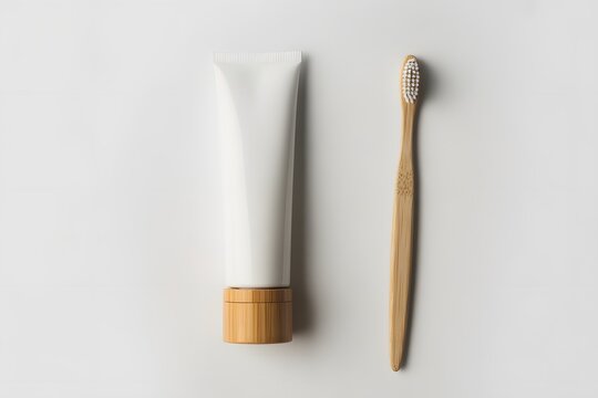 Minimalist dental care essentials with bamboo toothbrush and toothpaste