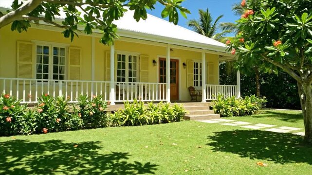 A serene yellow house with green lawn and trees viewed from the front porch