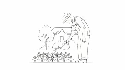 Obraz premium Gardener watering plants in a garden with a house in the background.