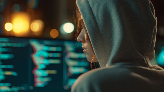 Over the shoulder view of a female programmer typing code on a screen