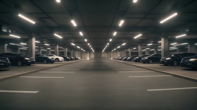 A dimly lit parking garage shows rows of vehicles parked along designated spaces with bright overhead lights. The floor has striping