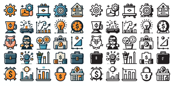 startup business icons - office, finance & growth vectors and silhouettes on white background
