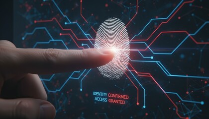 Finger touching a digital fingerprint scanner, showing red and blue lines of data flow and confirming identity for secured access to a system or device