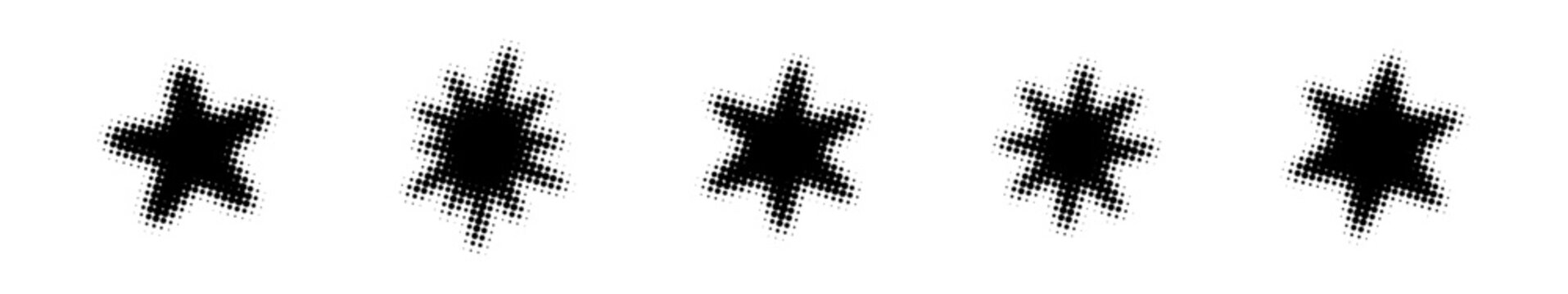 Collection of star shapes with halftone texture. Vector illustration of dotted stars for retro or pop art design.