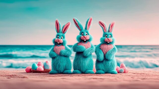 Easter bunnies dancing on a tropical beach, surrounded by colorful Easter eggs, creating a joyful holiday scene with exotic island vibes, gentle ocean waves, and a dreamy paradise getaway