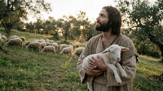 Jesus the shepherd tends his flock in a pastoral landscape at sunset. A concept of spiritual care and guidance in a religious theme. Christianity, Orthodoxy.	
