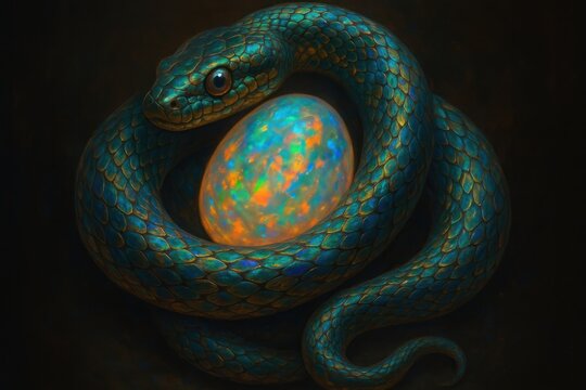 Vibrant serpent guarding opal egg background