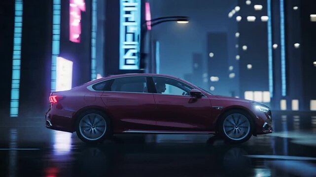 Side view of a modern red sedan speeding through a futuristic neon city at night. The camera pans following the car with cyberpunk blue and pink lights. Dynamic 8K cinematic footage.
