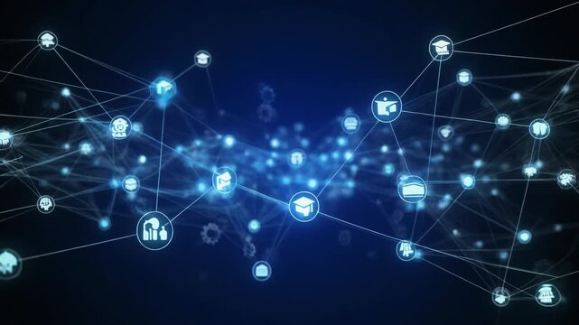 Glowing blue network of interconnected nodes with icons for healthcare, education, finance, and communication on dark background.