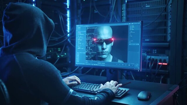 Over-the-shoulder view of a hooded cybercriminal editing a deepfake face swap video in a dark server room. Blue and red neon lights create a cinematic thriller vibe. 8K detailed security concept.