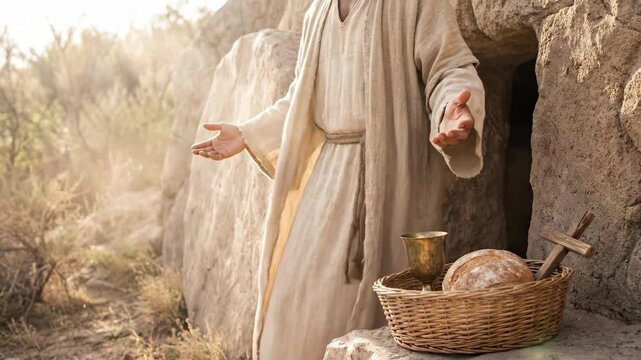 The Resurrection of Jesus: Jesus emerges from the tomb, surrounded by light. Easter morning, a concept of new life with a cross, bread, and a golden chalice of wine. God, Christianity, Orthodoxy.