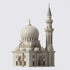 Fototapeta premium A stunning 3D rendering of an elegant white mosque with multiple domes and a tall minaret, set on a transparent background, perfect for Islamic or Ramadan design projects.