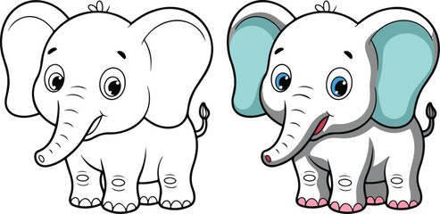Baby elephant coloring page for kids with outline and colored versions for creative play