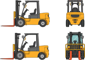 Professional forklift vector set displaying profile and detailed front view perspectives