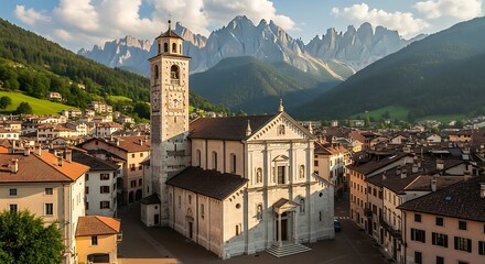 Obraz premium Scenic alpine village nestles beneath dramatic jagged mountain peaks.