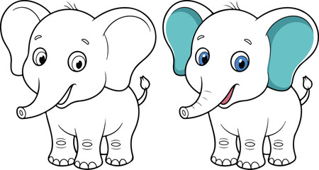Cute elephant coloring book illustration featuring simple outlines and colorful examples