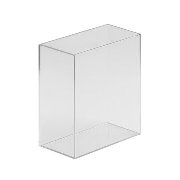 Clear rectangular acrylic display case for exhibition, isolated on transparent background