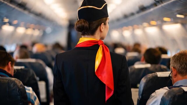Cabin crew or air hostess working in airplane. 

