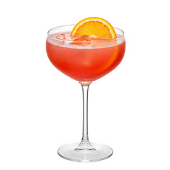 Elegant red cocktail in coupe glass with orange slice and ice, isolated subject
