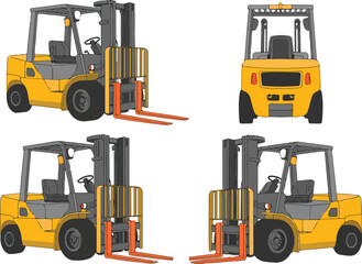 Industrial forklift truck for warehouse operations and cargo transportation in various views