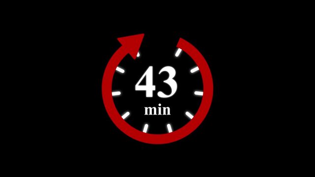 Red clock with 43 minute and circular arrows timer animation on transparent background. Motion graphics of time count symbol