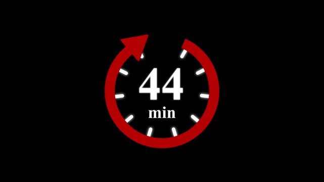 Red clock with 44 minute and circular arrows timer animation on transparent background. Motion graphics of time count symbol
