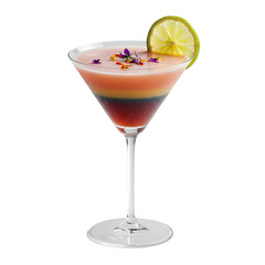 Layered tropical martini cocktail with lime and edible flower garnish, cut-out transparency