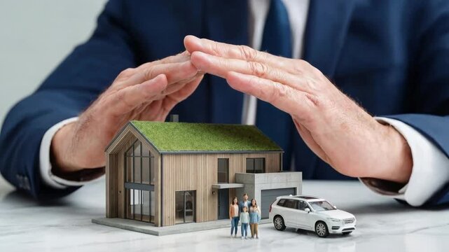 Protective hands shielding sustainable modern house model emphasizing green housing security environmental responsibility and future focused living