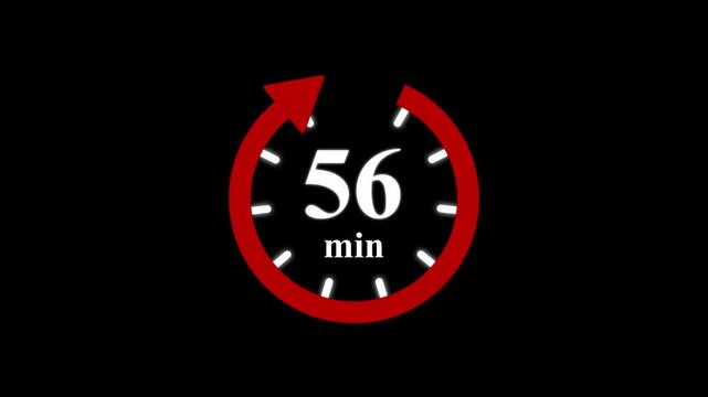 Red clock with 56 minute and circular arrows timer animation on transparent background. Motion graphics of time count symbol