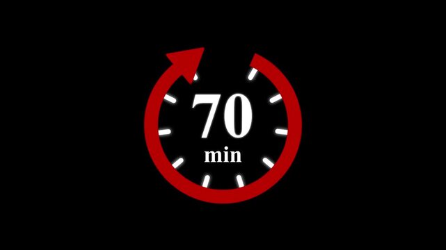 Red clock with 70 minute and circular arrows timer animation on transparent background. Motion graphics of time count symbol