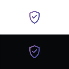 Fototapeta premium A stylish shield logo with a checkmark, featuring a modern gradient purple color scheme, presented on both a crisp white and a dark black background.
