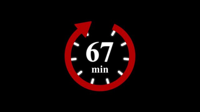 Red clock with 67 minute and circular arrows timer animation on transparent background. Motion graphics of time count symbol