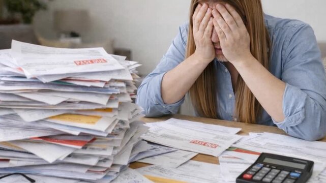 Confused sad puzzled woman having financial debts issues problems.
