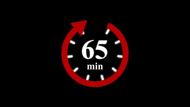 Red clock with 65 minute and circular arrows timer animation on transparent background. Motion graphics of time count symbol