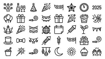 New Year celebration icons set. Bold outline vector collection. Party symbols champagne fireworks clock. Linear holiday design. Minimal black stroke pictogram kit. Festive graphics.