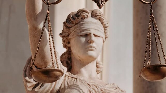 Classical statue of blindfolded justice holding balanced scales symbolizing fairness impartial judgment moral authority and timeless principles of law
