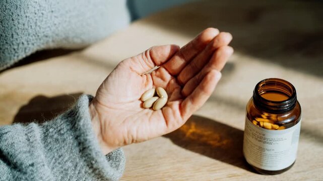 Hand holding natural supplement pills near medicine bottle representing wellness preventive care healthy lifestyle and mindful daily health routine at home